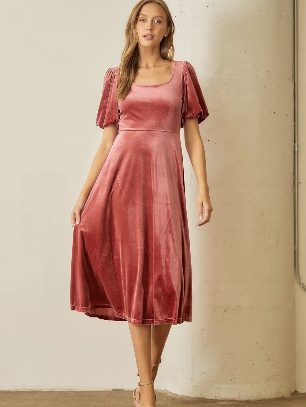 Velvet Midi Square Neck Puff Sleeve Dress Dusty Rose Marsala Small